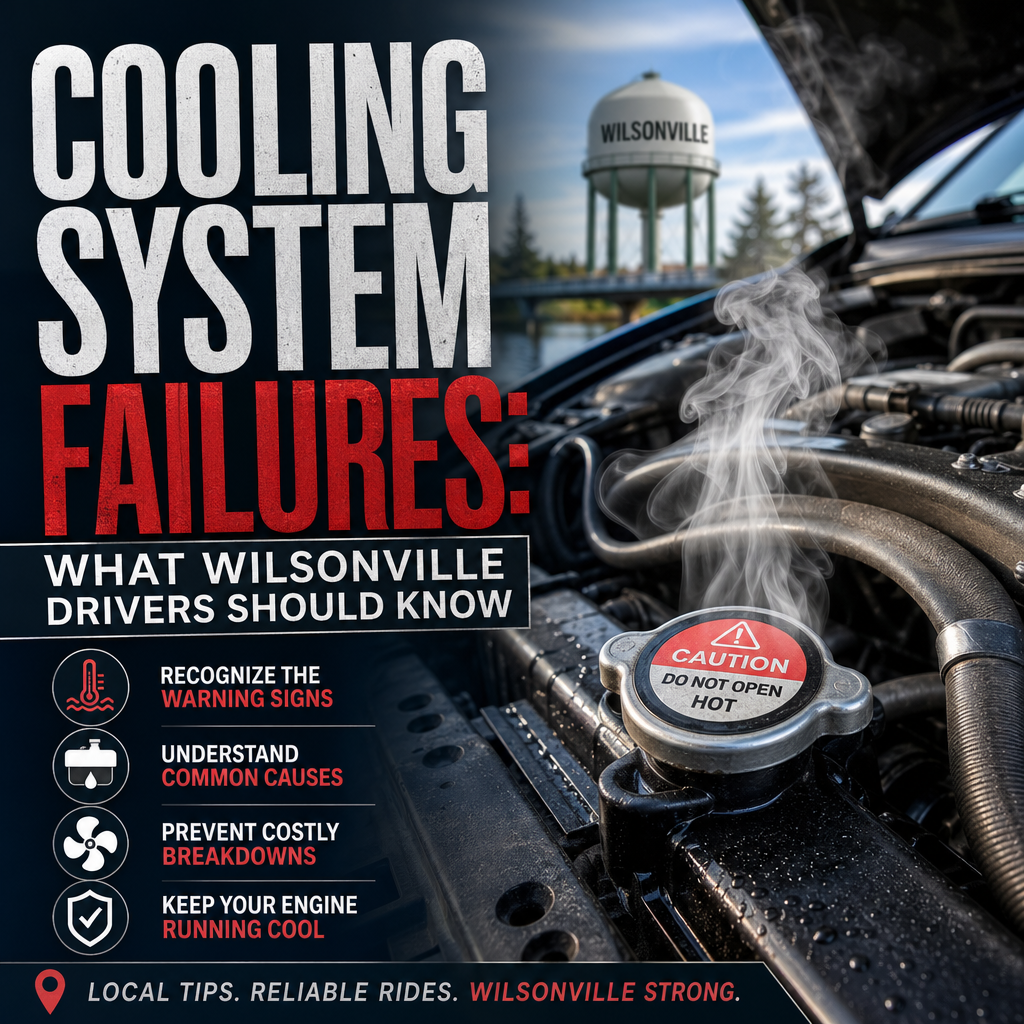 Steam rising from an overheating car engine near a Wilsonville water tower, showing cooling system failure