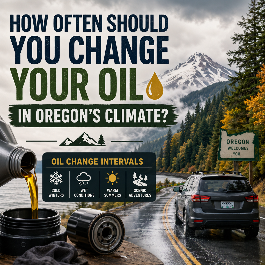 Scenic mountain background for a guide on oil change intervals in Oregon's climate.
