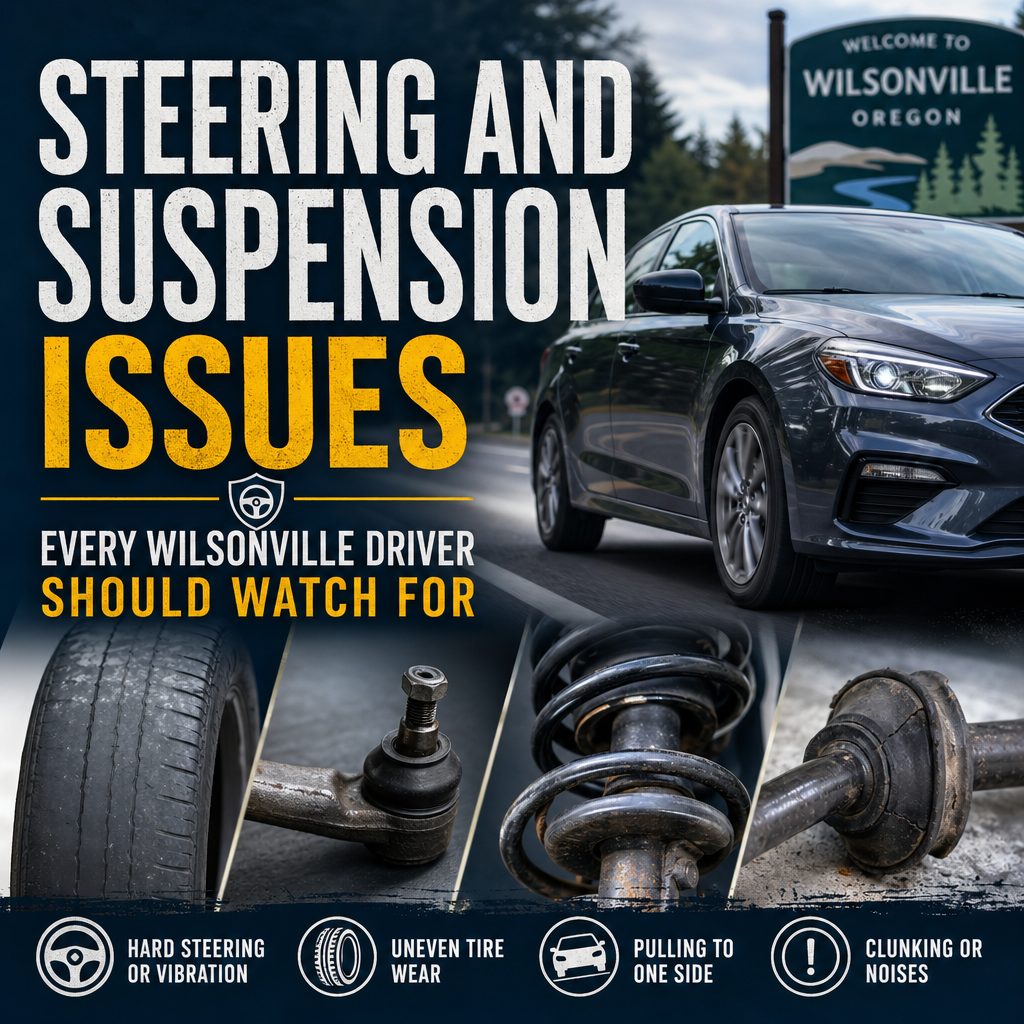 Car with steering and suspension issues: uneven tire wear, pulling sideways, and clunking noises.