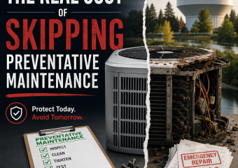 Side-by-side HVAC units: one clean and maintained, the other neglected, showing the cost of skipping preventative maintenance