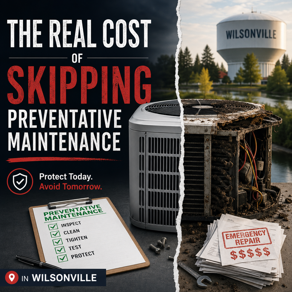 Side-by-side HVAC units: one clean and maintained, the other neglected, showing the cost of skipping preventative maintenance