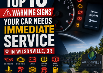 Infographic of car service warning signs, including dashboard lights, brakes, and strange noises, for Wilsonville drivers