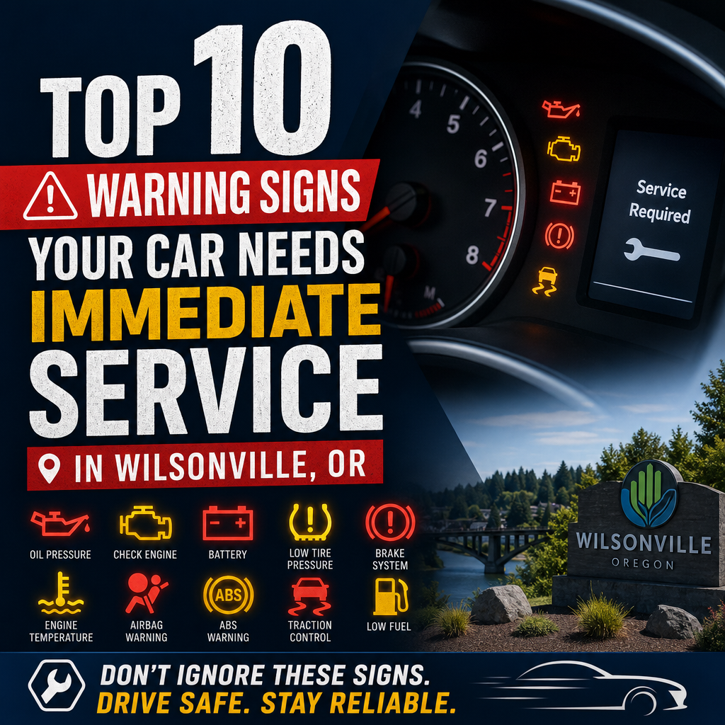 Infographic of car service warning signs, including dashboard lights, brakes, and strange noises, for Wilsonville drivers