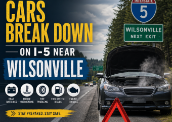 Infographic on top reasons cars break down on I-5 near Wilsonville with safety tips