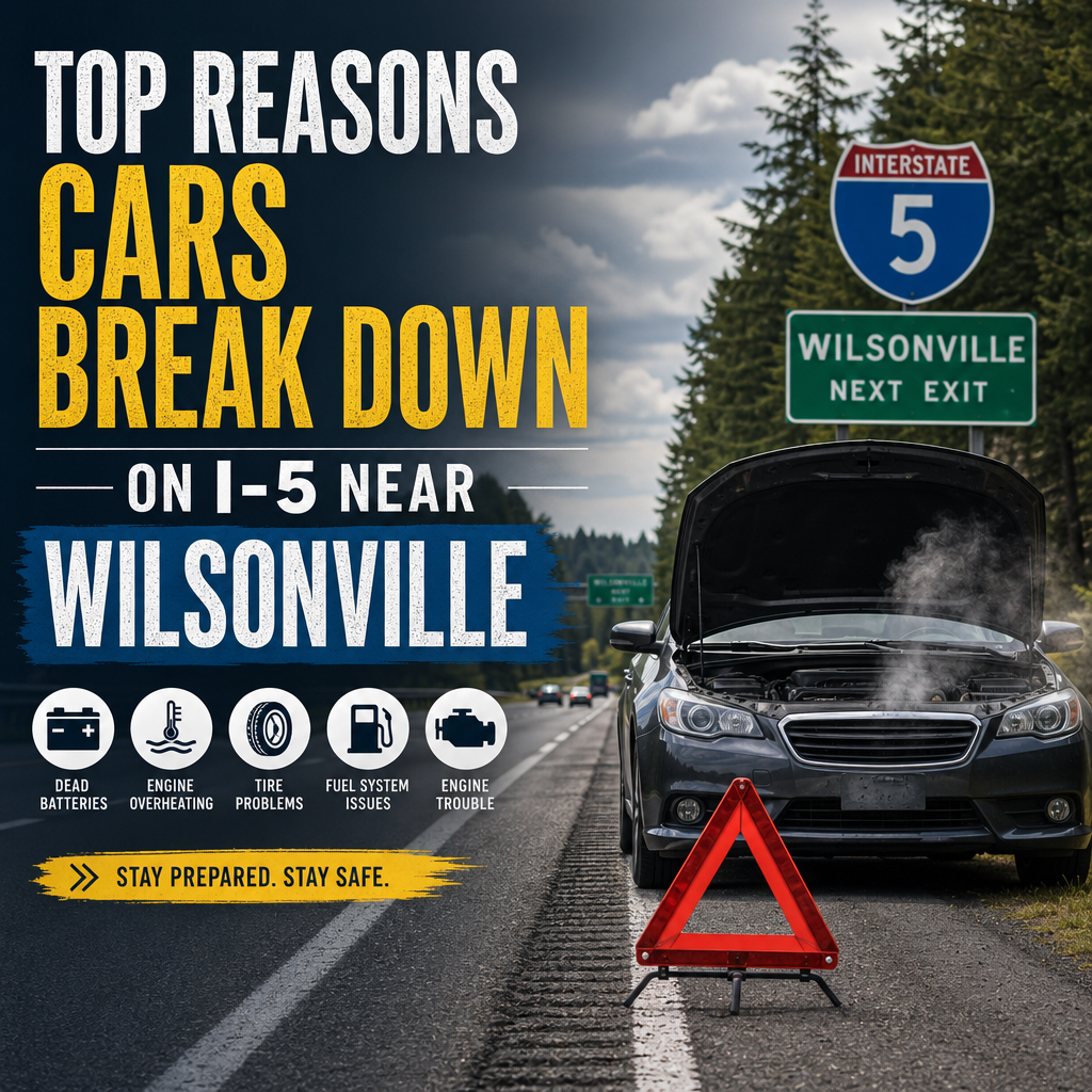 Infographic on top reasons cars break down on I-5 near Wilsonville with safety tips