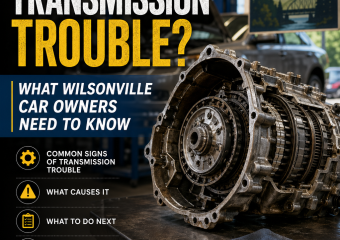 Mechanic inspecting a car transmission with warning icons about transmission trouble