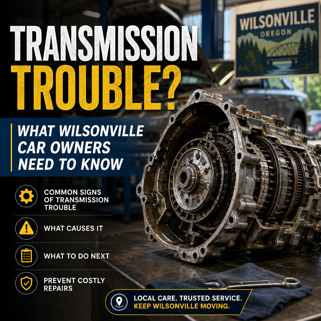 Mechanic inspecting a car transmission with warning icons about transmission trouble