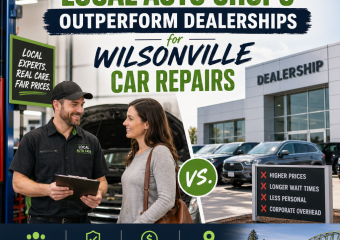 Infographic comparing Wilsonville local auto shops and dealerships for car repairs, emphasizing service and fair prices