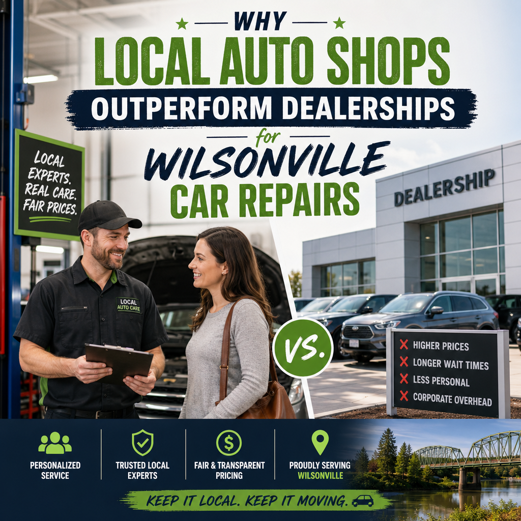 Infographic comparing Wilsonville local auto shops and dealerships for car repairs, emphasizing service and fair prices