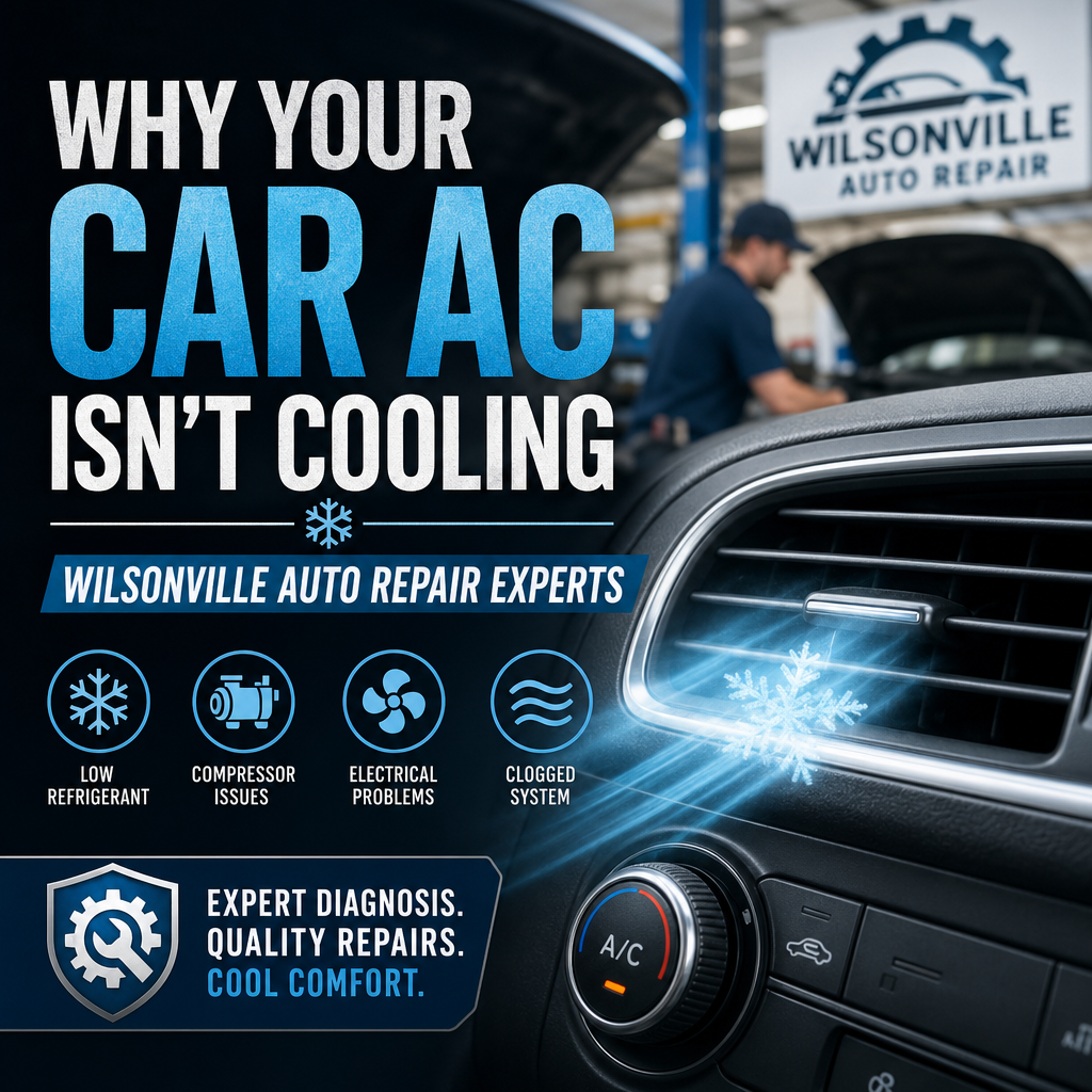 Mechanic checking a car AC system for cooling problems in Wilsonville auto repair shop