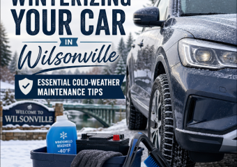 Car winter maintenance checklist with battery, tires, fluids, and windshield wipers in cold weather