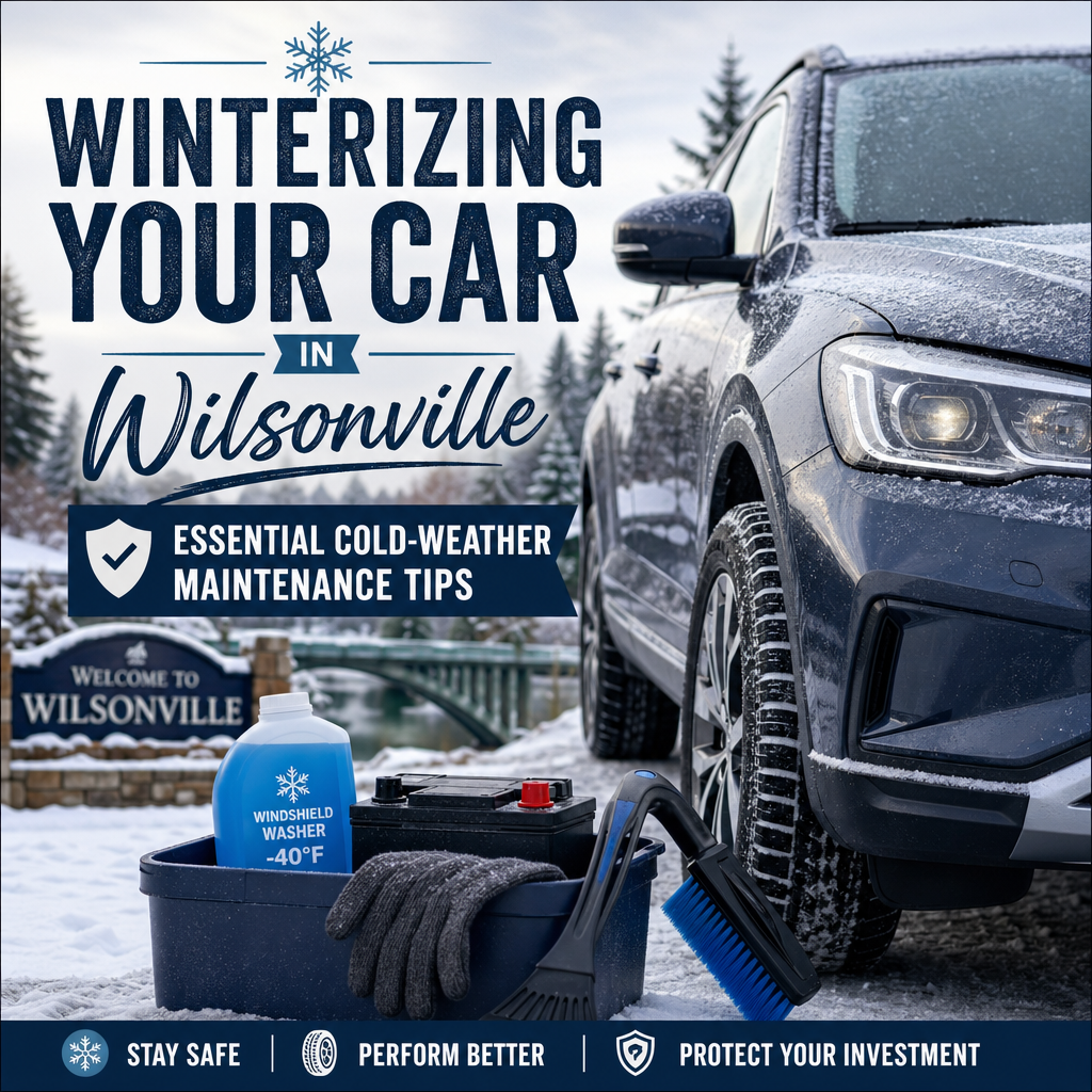 Car winter maintenance checklist with battery, tires, fluids, and windshield wipers in cold weather