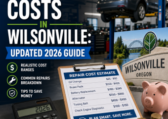 Mechanic estimating auto repair costs with car and calculator in Wilsonville, Oregon