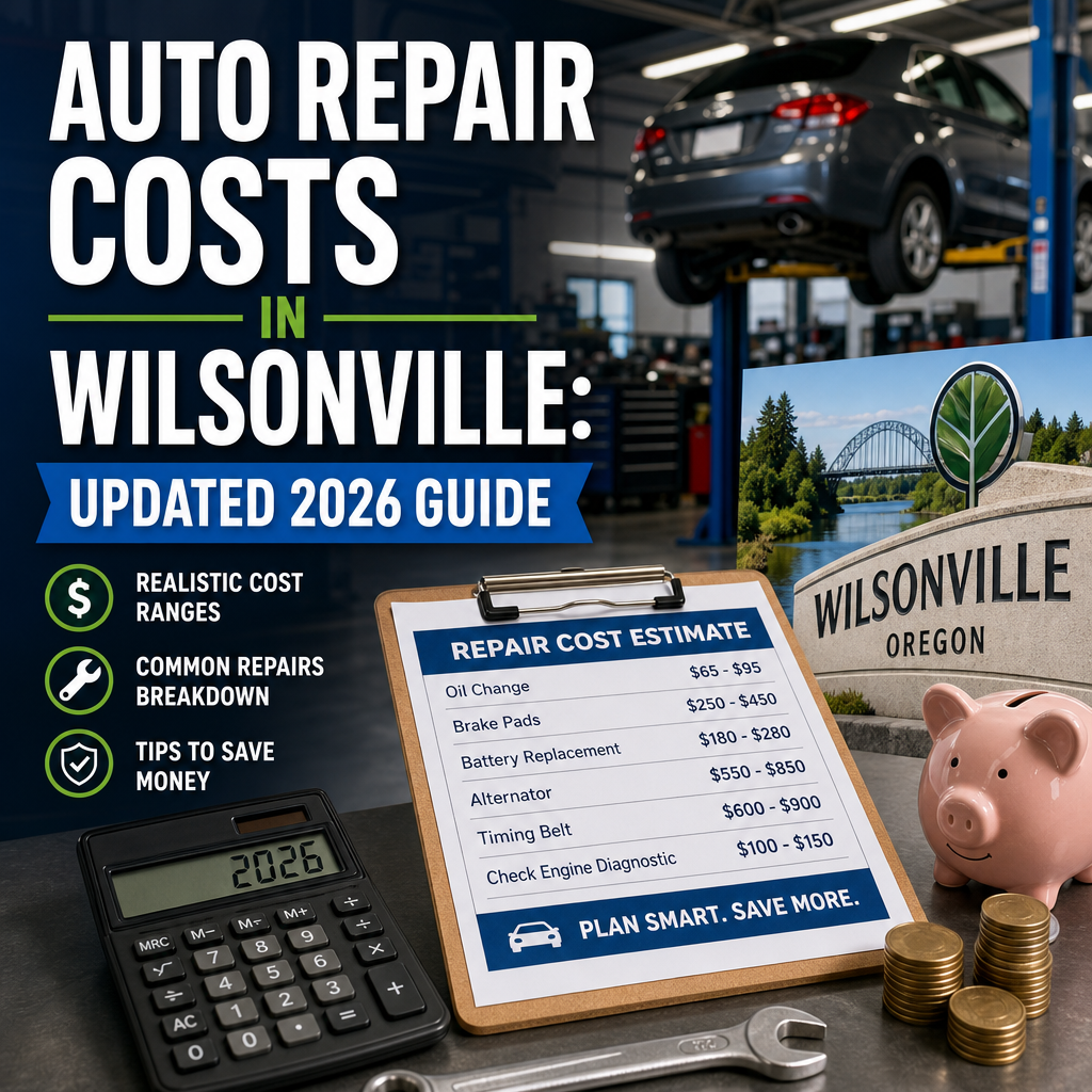 Mechanic estimating auto repair costs with car and calculator in Wilsonville, Oregon