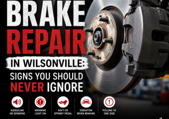Mechanic inspecting brake pads and rotors for wear in an auto repair shop