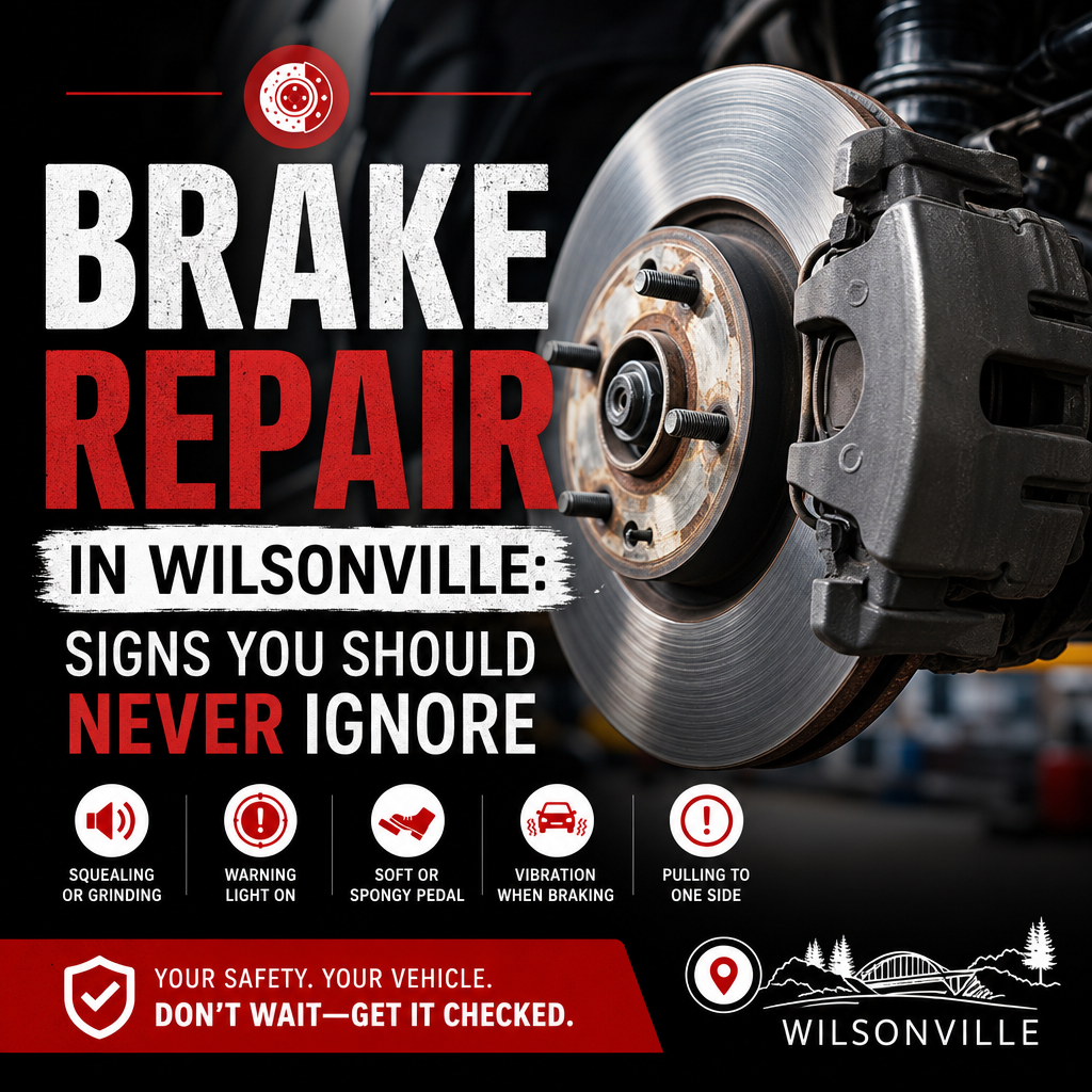 Mechanic inspecting brake pads and rotors for wear in an auto repair shop