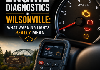 Car dashboard with warning lights and engine diagnostics guide for Wilsonville drivers