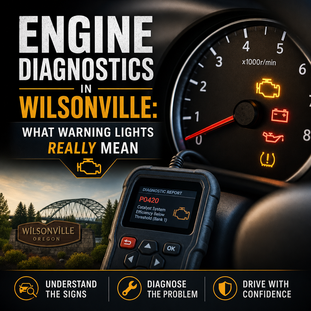 Car dashboard with warning lights and engine diagnostics guide for Wilsonville drivers