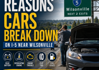 Illustration of car breakdowns on I-5 near Wilsonville: dead battery, overheating engine, flat tire, engine and fuel issues