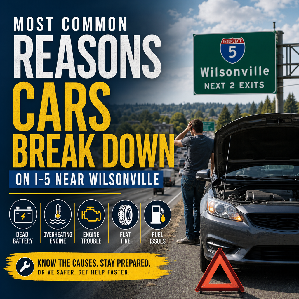 Illustration of car breakdowns on I-5 near Wilsonville: dead battery, overheating engine, flat tire, engine and fuel issues