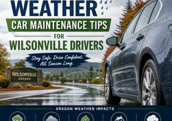Car parked in rainy, foggy weather with maintenance icons for tires, battery, brakes, and rust protection