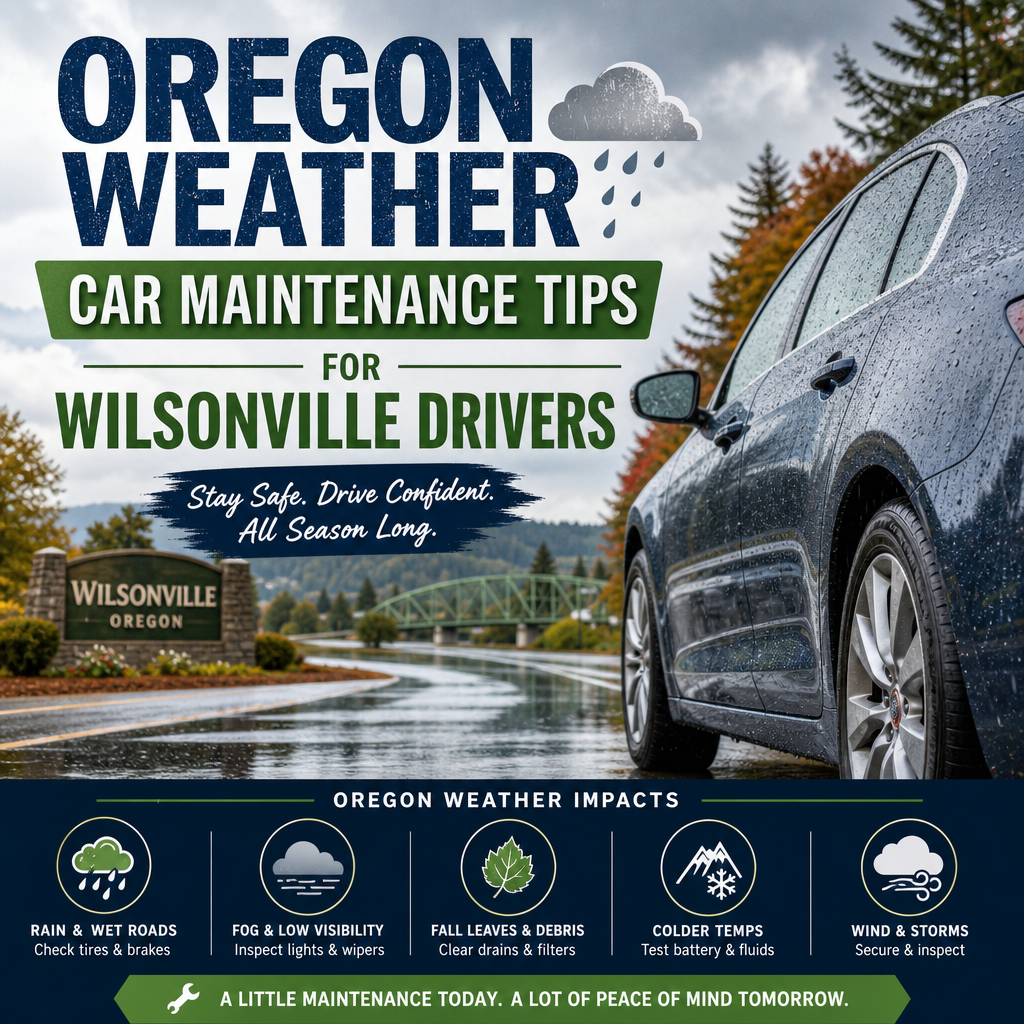 Car parked in rainy, foggy weather with maintenance icons for tires, battery, brakes, and rust protection