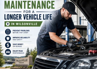 Mechanic performing preventative maintenance on a car in a Wilsonville auto shop