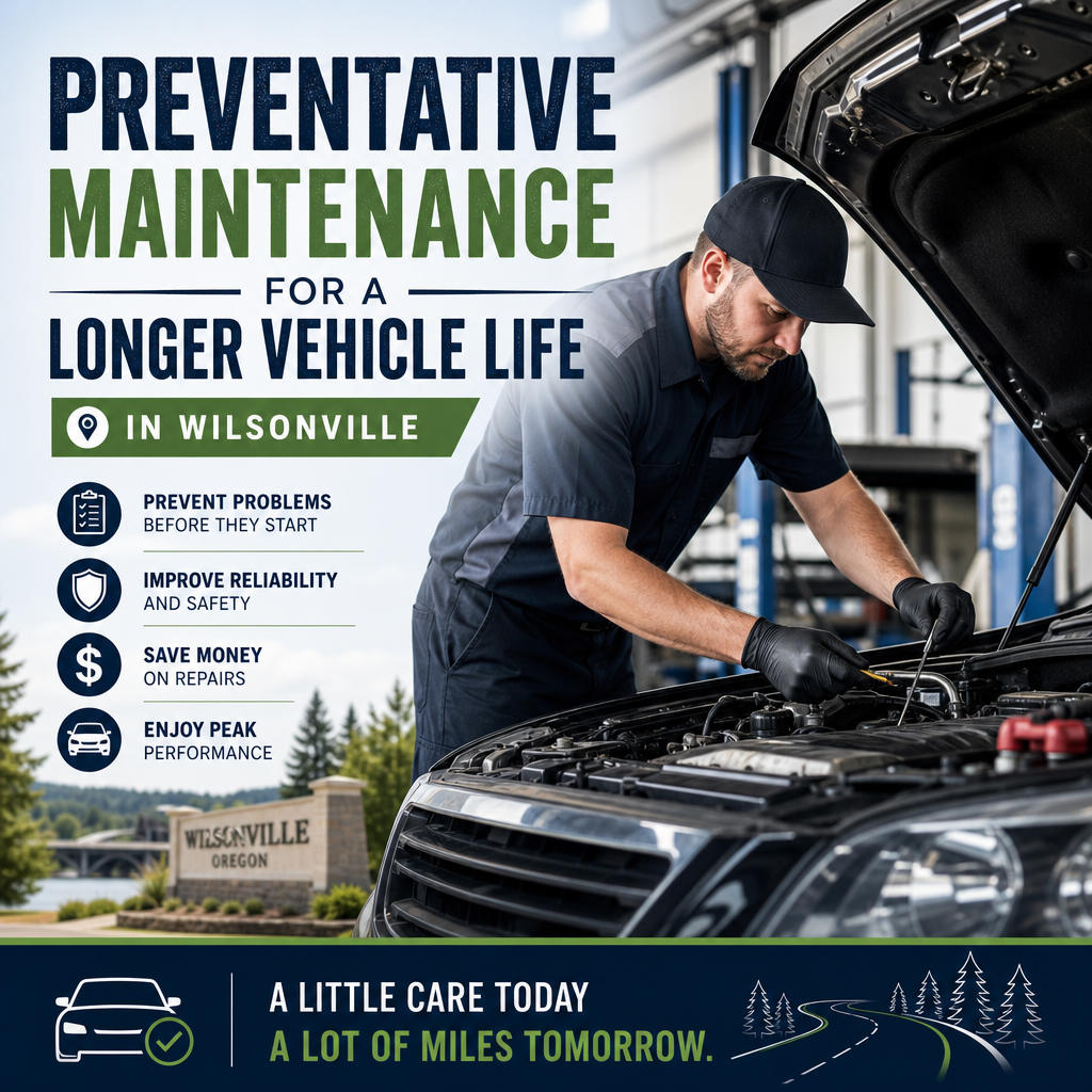 Mechanic performing preventative maintenance on a car in a Wilsonville auto shop