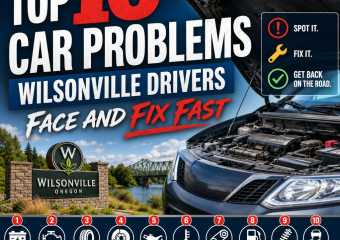 Mechanic inspecting a car with a checklist of common problems and quick fix icons for Wilsonville drivers