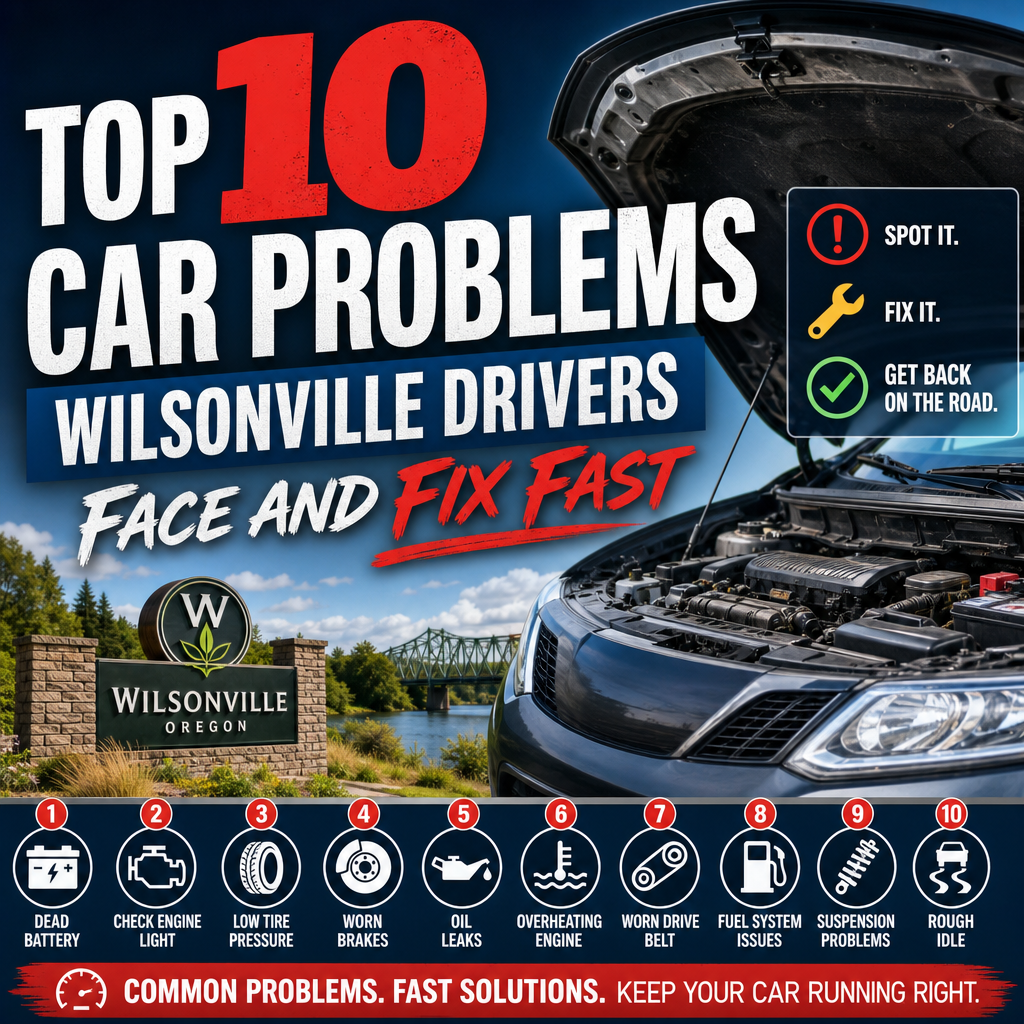 Mechanic inspecting a car with a checklist of common problems and quick fix icons for Wilsonville drivers